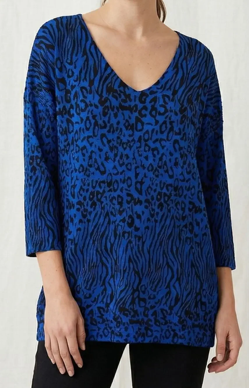 Dana Buchman XL Blue Black Leopard Print 3/4 Sleeve V Neck Acrylic Sweater
